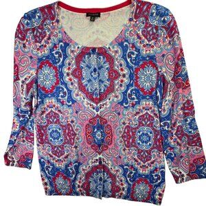 Talbots Cardigan Sweater Womens Medium Blue Red Pink Paisley Button 3/4 Boho
